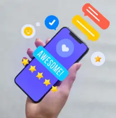 A hand holding a smartphone with five gold stars and an "AWESOME!" banner, surrounded by social media and review icons.