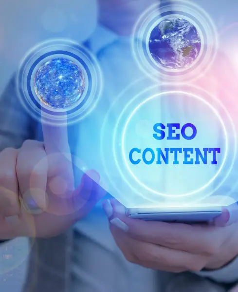 A hand holds a phone with a holographic projection of "SEO CONTENT" and two glowing images of the Earth